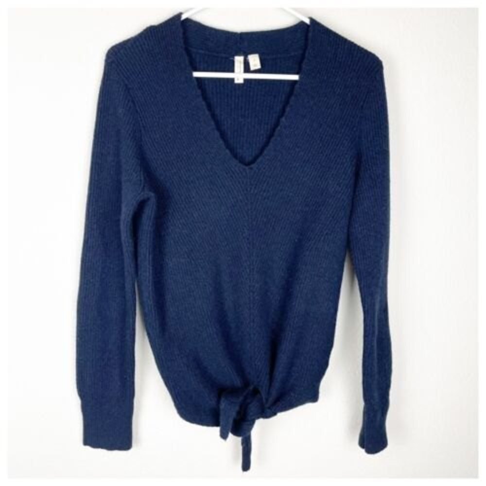 Anthropologie MOTH Navy Blue Ribbed Knit Sweater‎ Front Tie Knot V-Neck S…